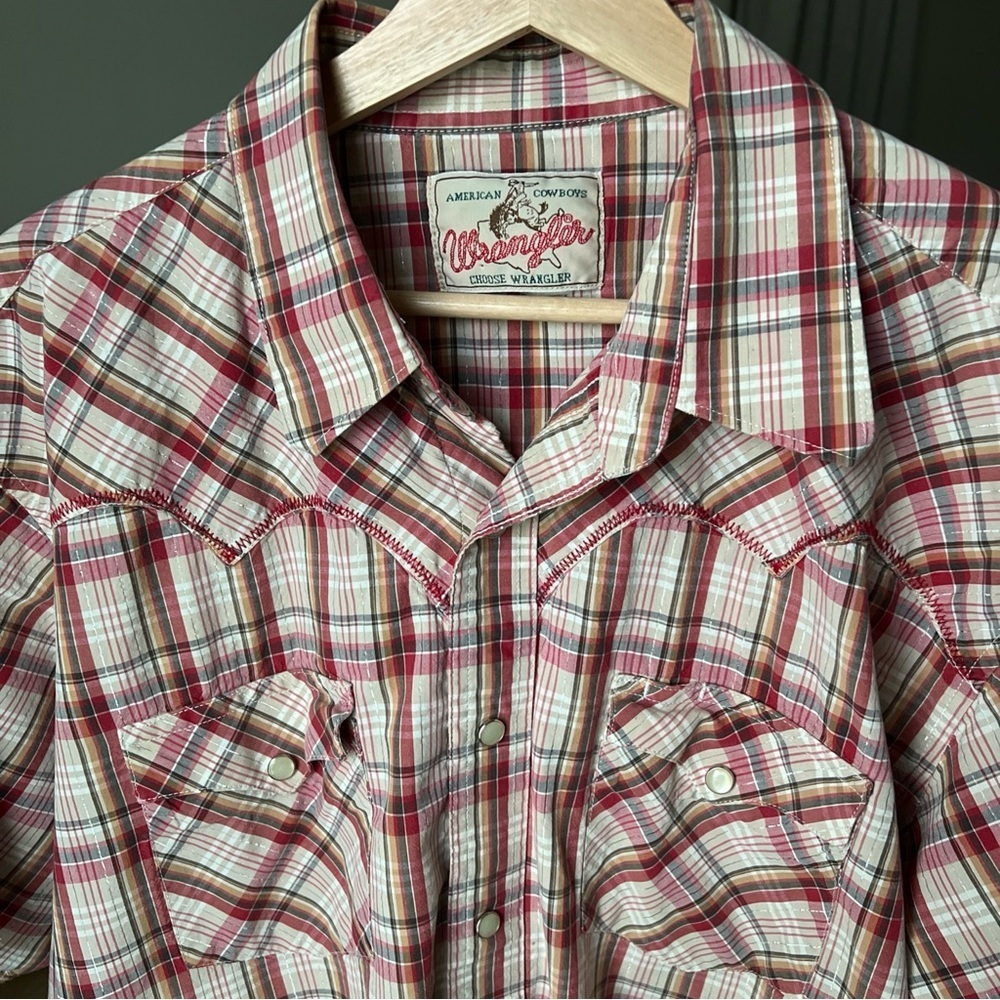 Wrangler Mens Short Sleeve Snap Close Red/white/orange/silver Plaid Shirt Sz XL - Picture 5 of 16